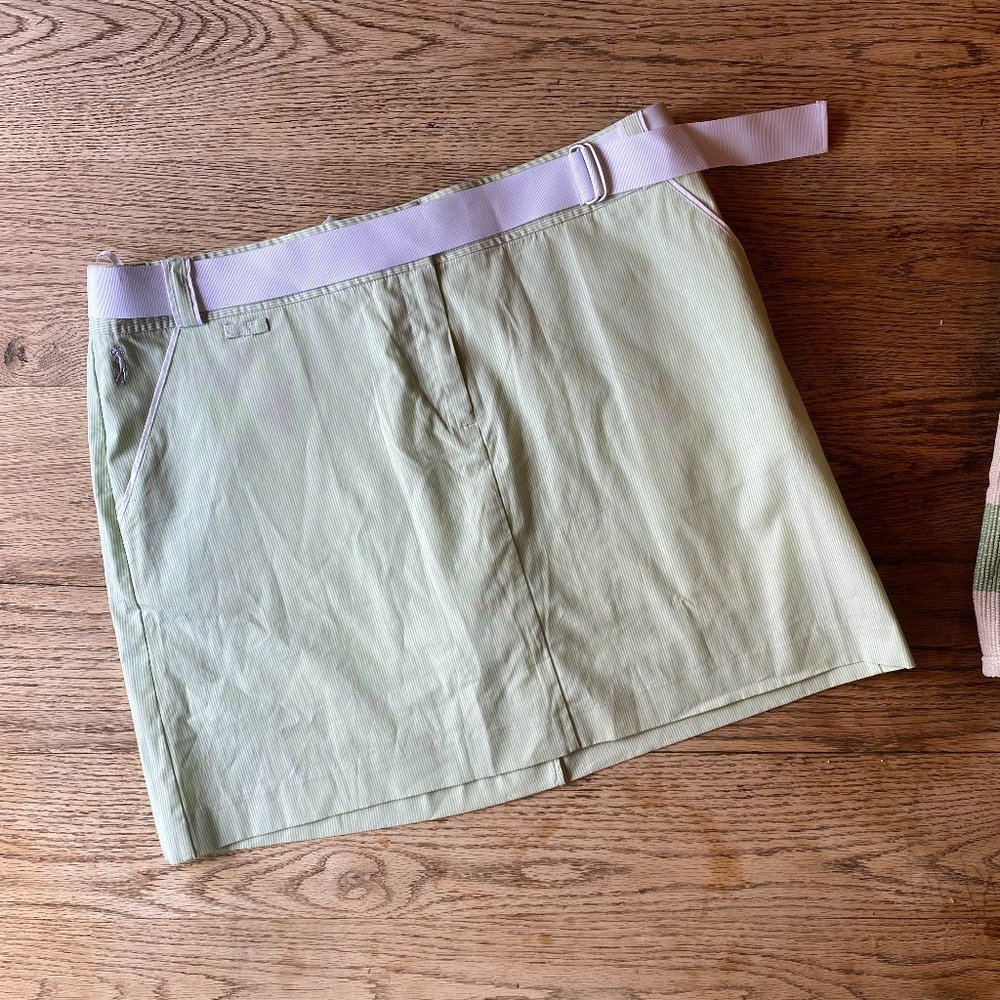 Izod Golf Classix Skort Skirt Shorts Sz 14Green Stripe Stretch White Belt